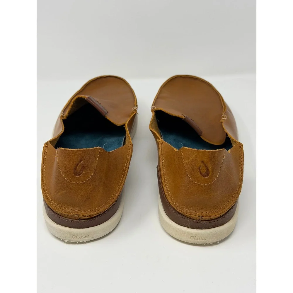 OluKai Nalukai Slip-On Mens 11 Fox Leather Loafers Drop-In Heel 10379-FX19 Brown